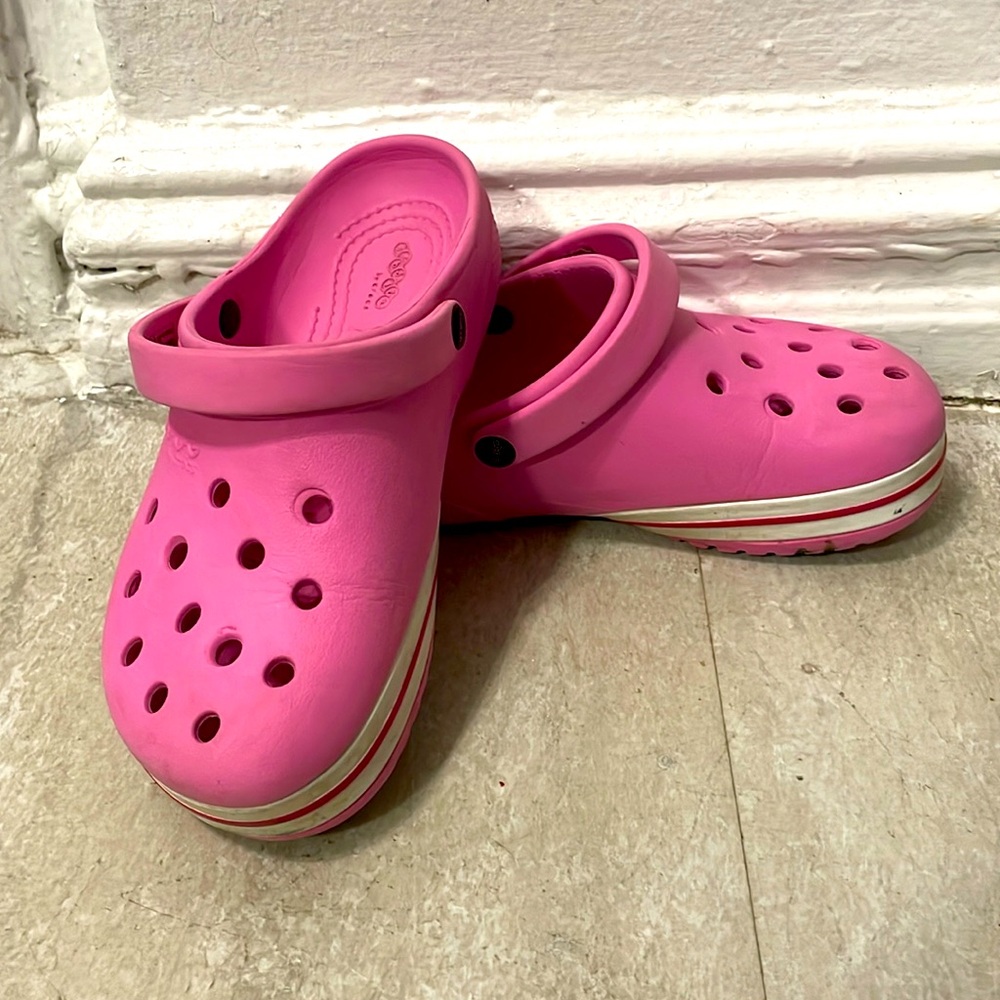 Crocs Pink Crocband Clogs Shoes Pink & White Size 2J